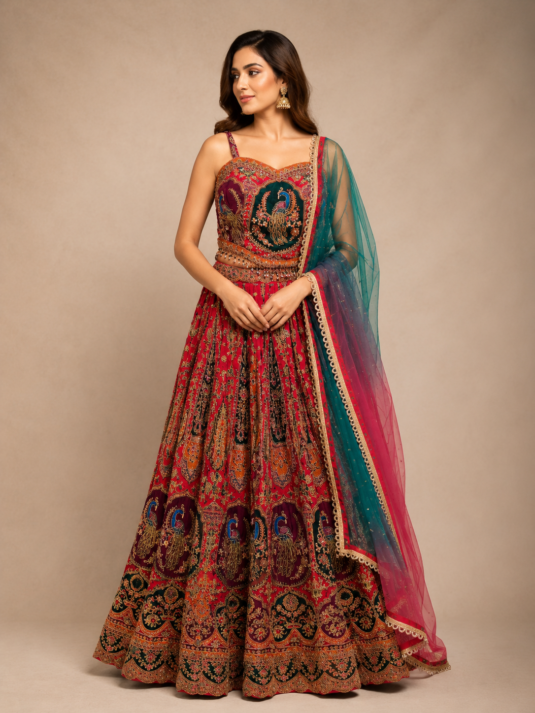 Multicolor Embroidered Silk Lehenga Set with Net Dupatta