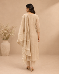 Champagne Beige Chanderi A-Line Embroidered Suit Set with Dupatta
