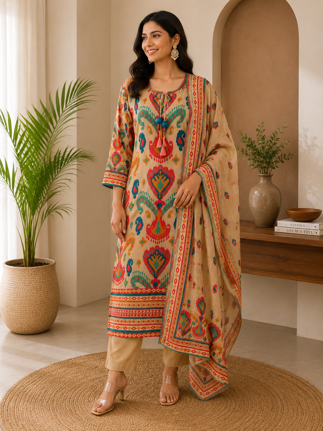 Women's Beige Ikkat Print Muslin Silk Kurta Pant Set with Dupatta