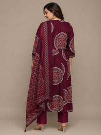 Maroon Printed Cotton Kurta Set with Dupatta (Plus Size Friendly)
