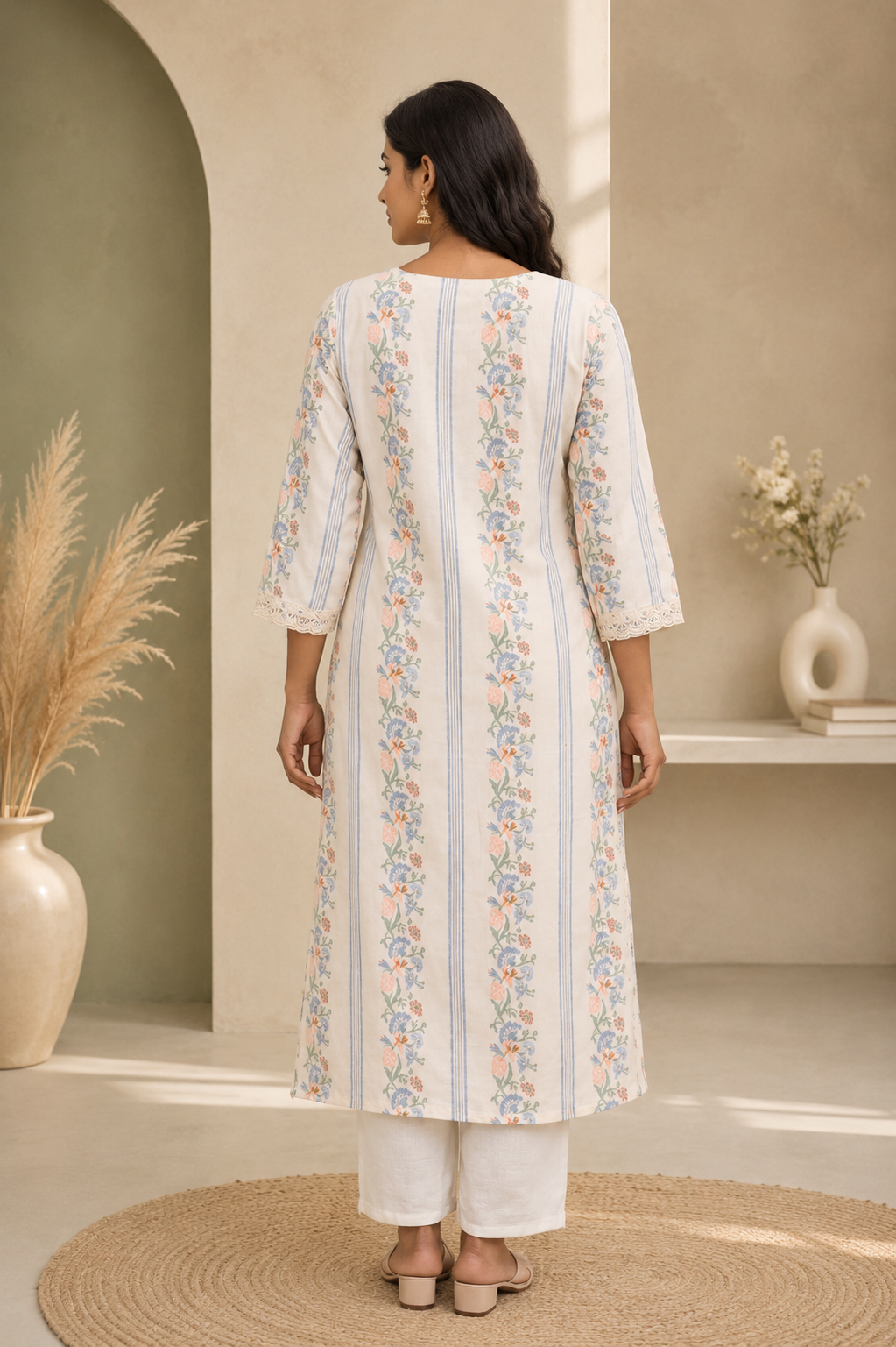 Off-White Floral Printed Cotton Kurta Set