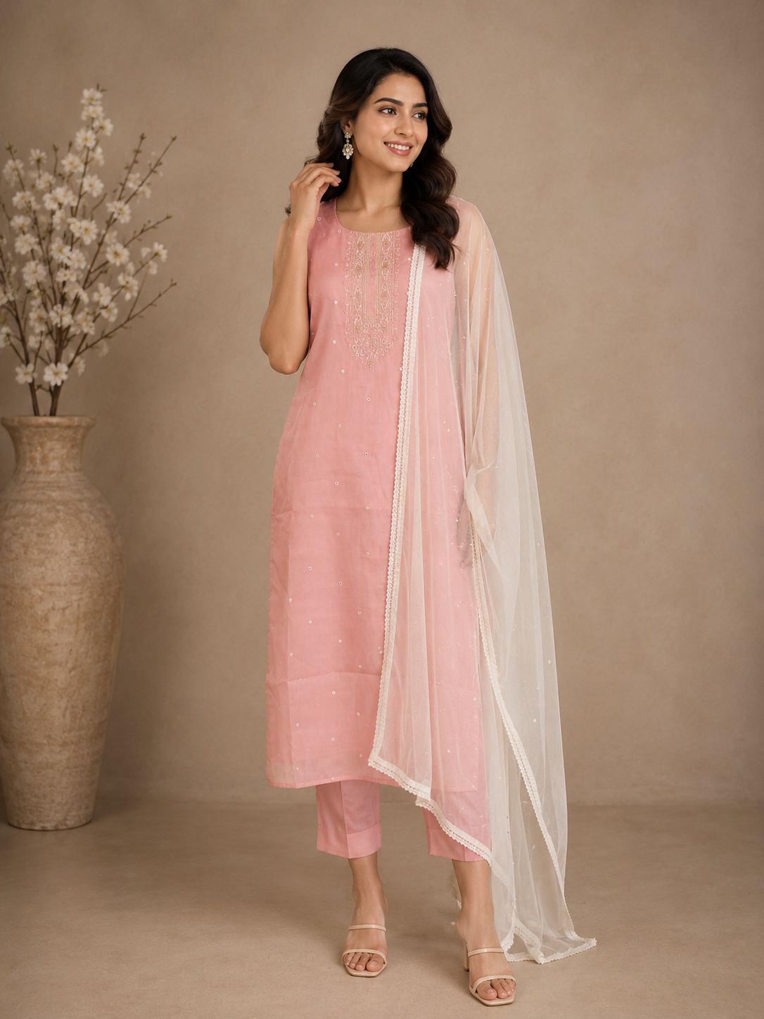Pink Silk Embroidered Kurta Set with Elegant Net Dupatta