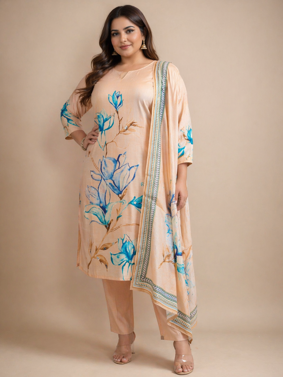 Peach Floral Printed Silk Kurta Set with Dupatta