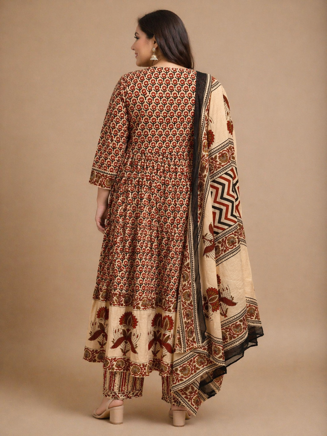 Women's Beige & Maroon Printed Cotton Anarkali Kurta Pant Set with Dupatta