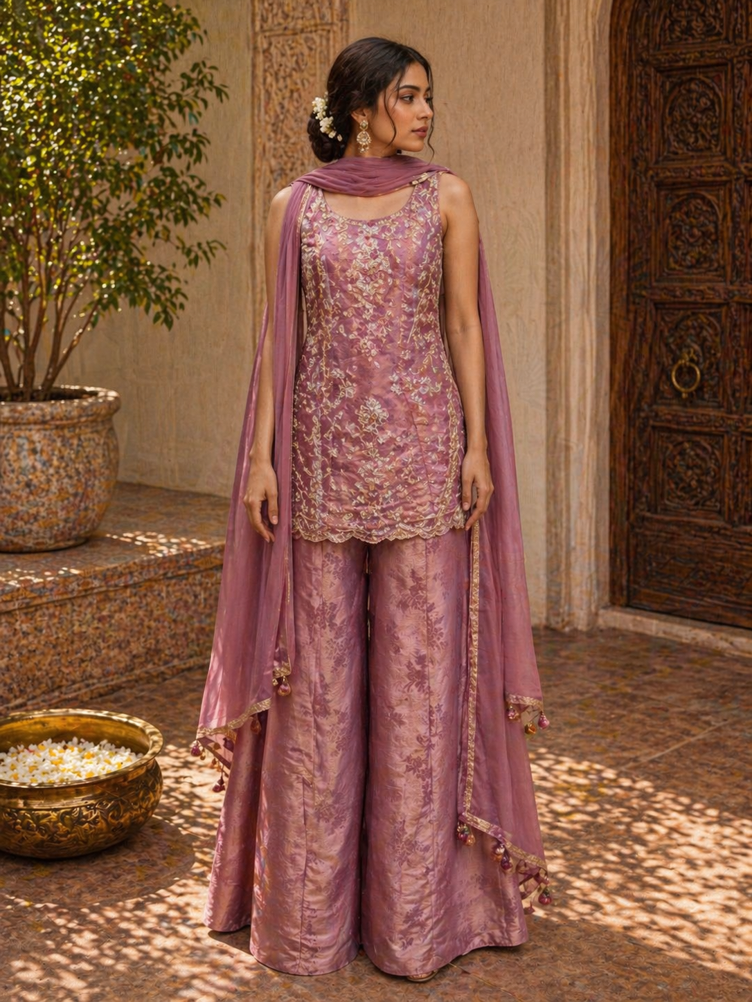 Dusty Rose Silk Kurta Set with Palazzo & Dupatta | Elegant Wedding & Festive Wear