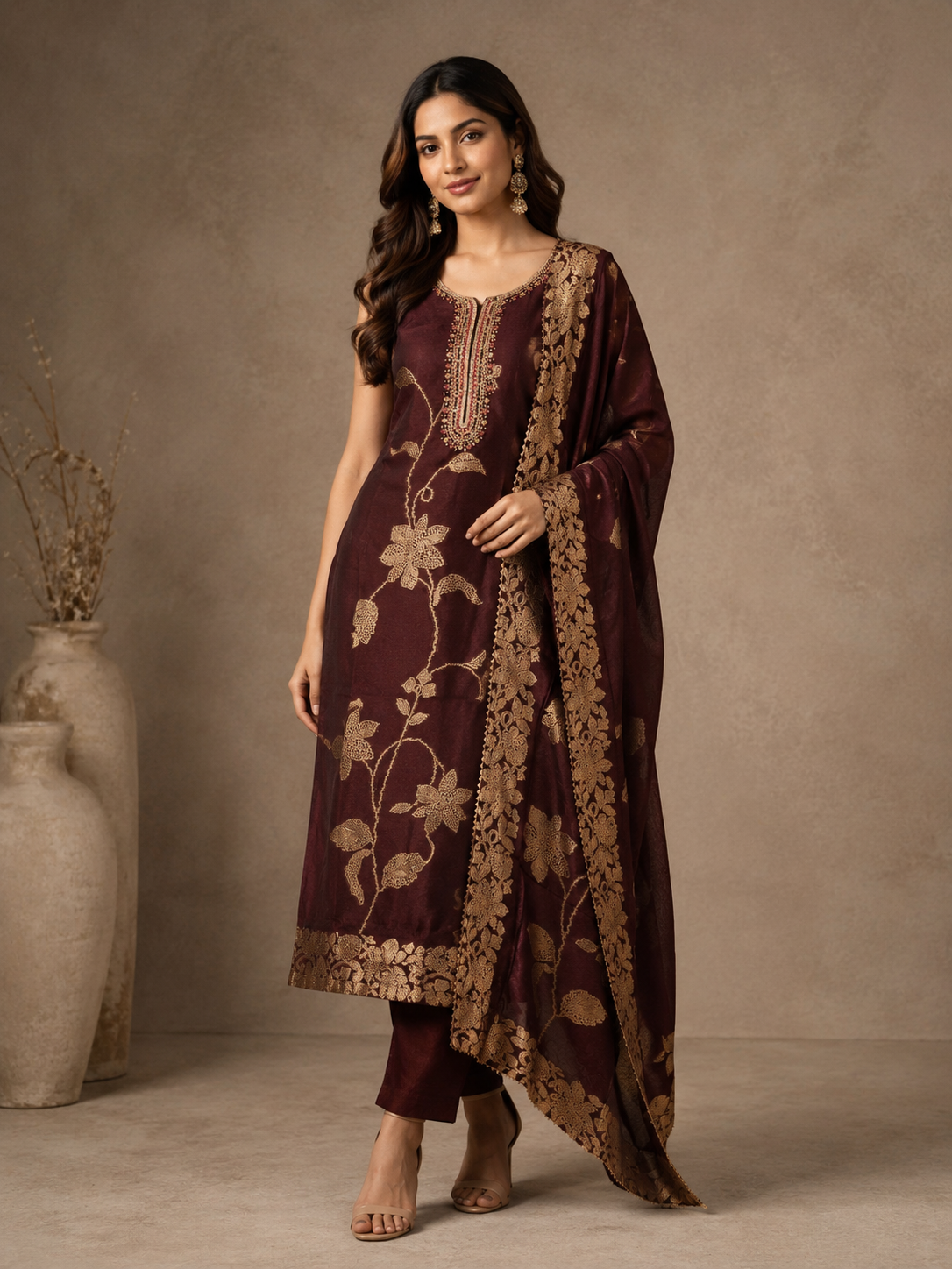 Elegant Brown Silk Straight Suit Set with Floral Woven Dupatta