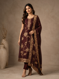 Elegant Brown Silk Straight Suit Set with Floral Woven Dupatta