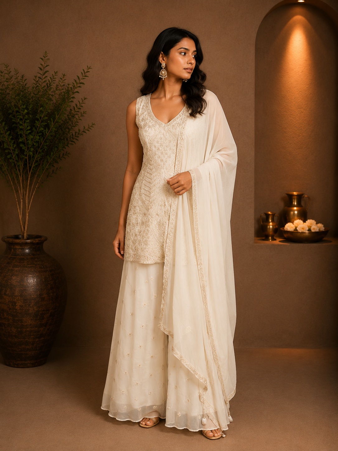 Ivory Silk Designer Sharara Suit with Embroidered Dupatta