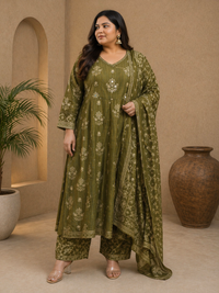 Women's Olive Green Printed Cotton Kurta Pant Set with Dupatta