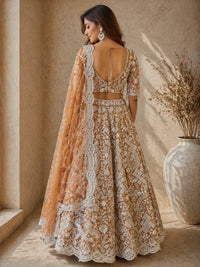Elegant Brown Net Embroidered Lehenga Set
