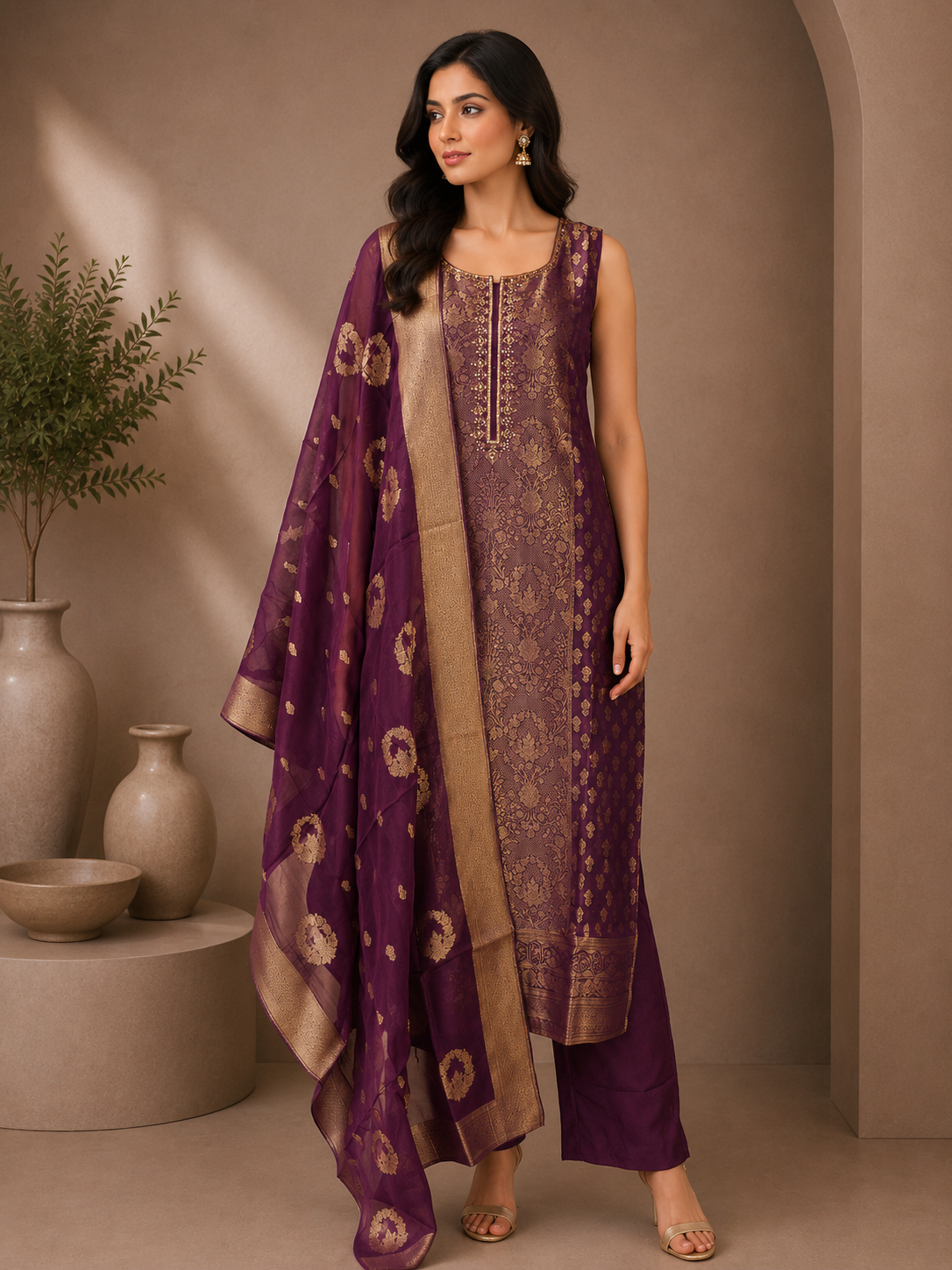 Royal Purple Brocade Silk Straight Suit Set with Woven Dupatta