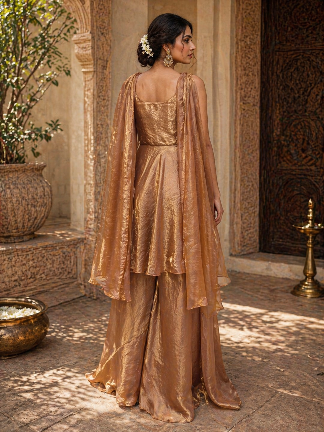 Champagne Gold Tissue Silk Peplum Kurta Set with Palazzo & Dupatta | Luxury Wedding Wear