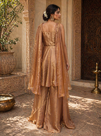 Champagne Gold Tissue Silk Peplum Kurta Set with Palazzo & Dupatta | Luxury Wedding Wear