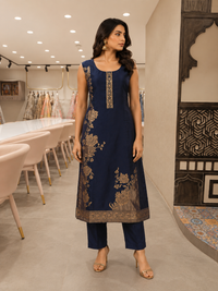Women's Ink Blue Silk Floral Woven Kurta Pant Set