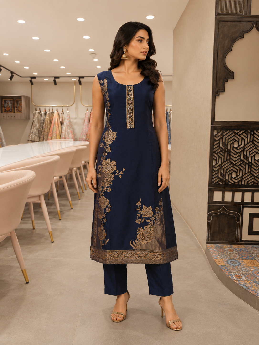Women's Ink Blue Silk Floral Woven Kurta Pant Set