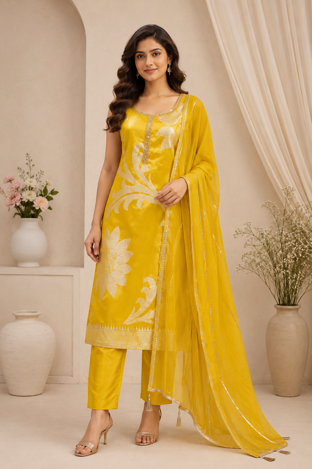Mustard Yellow Silk Floral Kurta Set with Pants & Dupatta