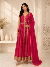 Premium Silk Anarkali Suit Set with Zari Border & Dupatta – Rani Pink