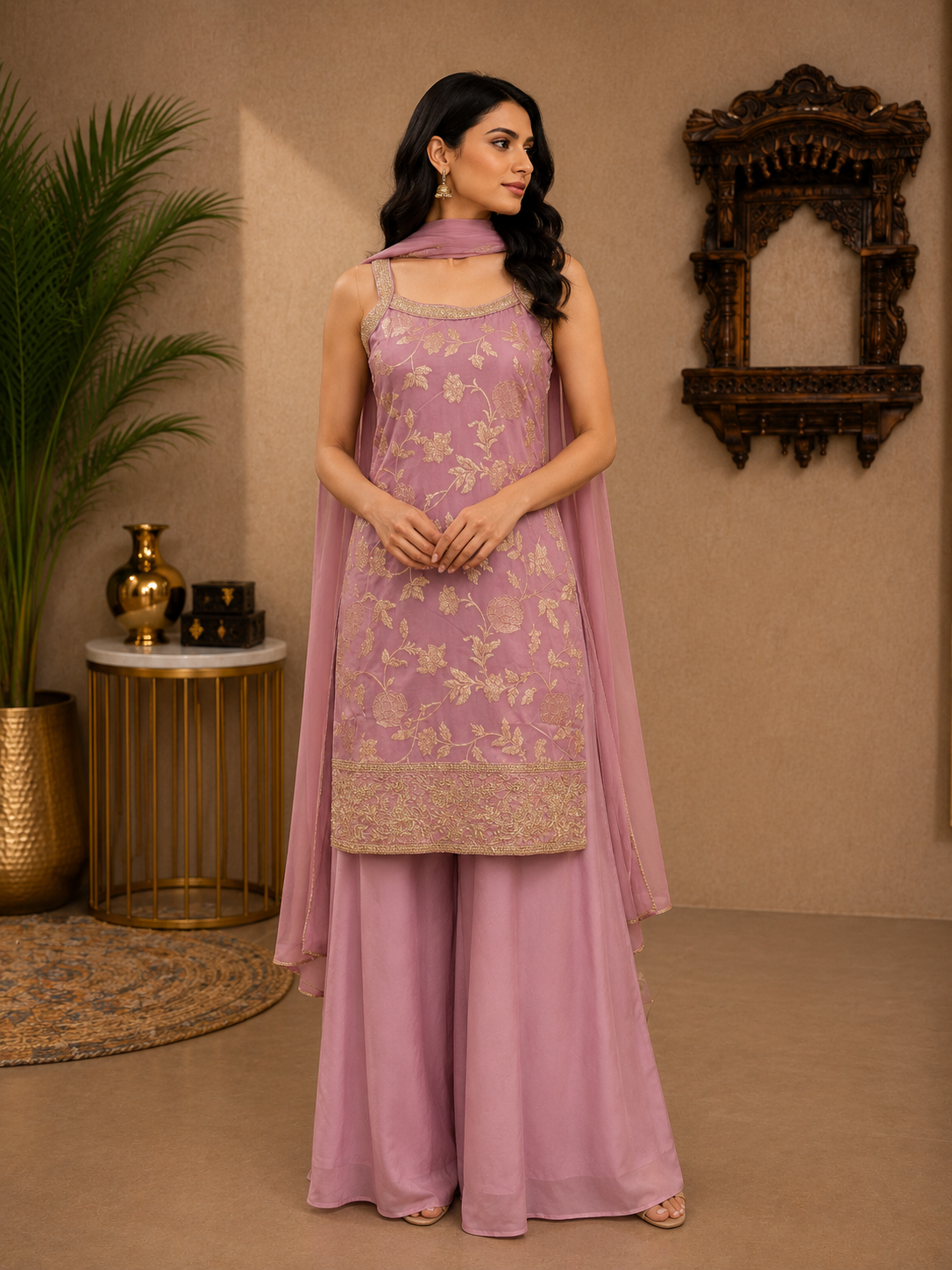 Dusty Rose Banarasi Silk Embroidered Palazzo Set