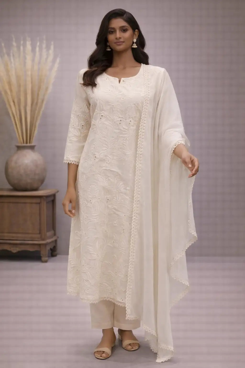 Elegant Off-White Embroidered Straight Suit Set with Dupatta