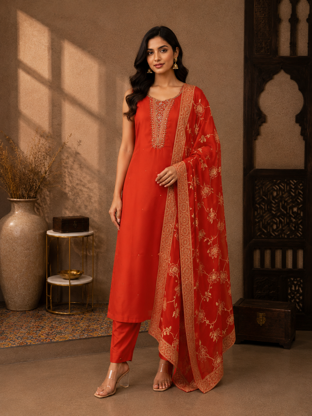 Premium Vichitra Silk Straight Suit Set with Embroidered Dupatta – Vermilion Red