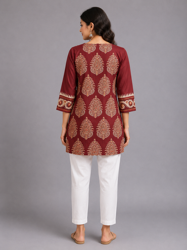 Maroon Paisley Print Silk Short Kurta