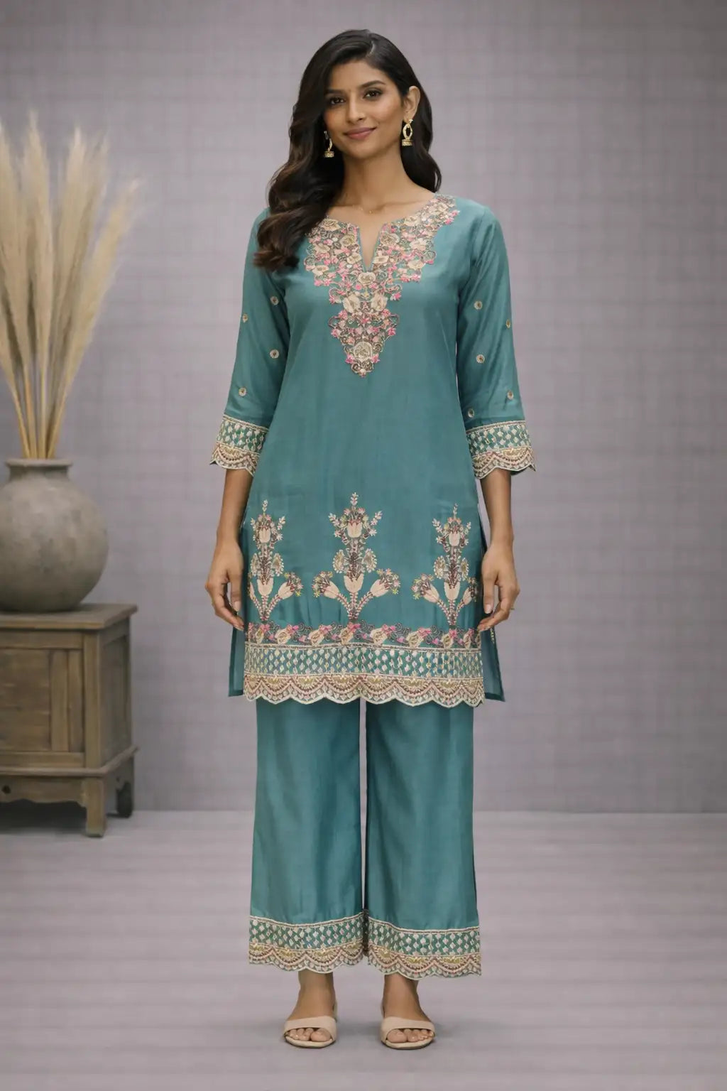 Women's Teal Green Embroidered Silk Kurta Palazzo Set