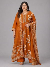 Rust Orange Floral Printed Cotton Kurta Set with Dupatta (Plus Size Friendly)