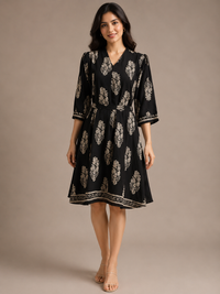 Imported Lycra Black Printed Fit & Flare Midi Dress for Women