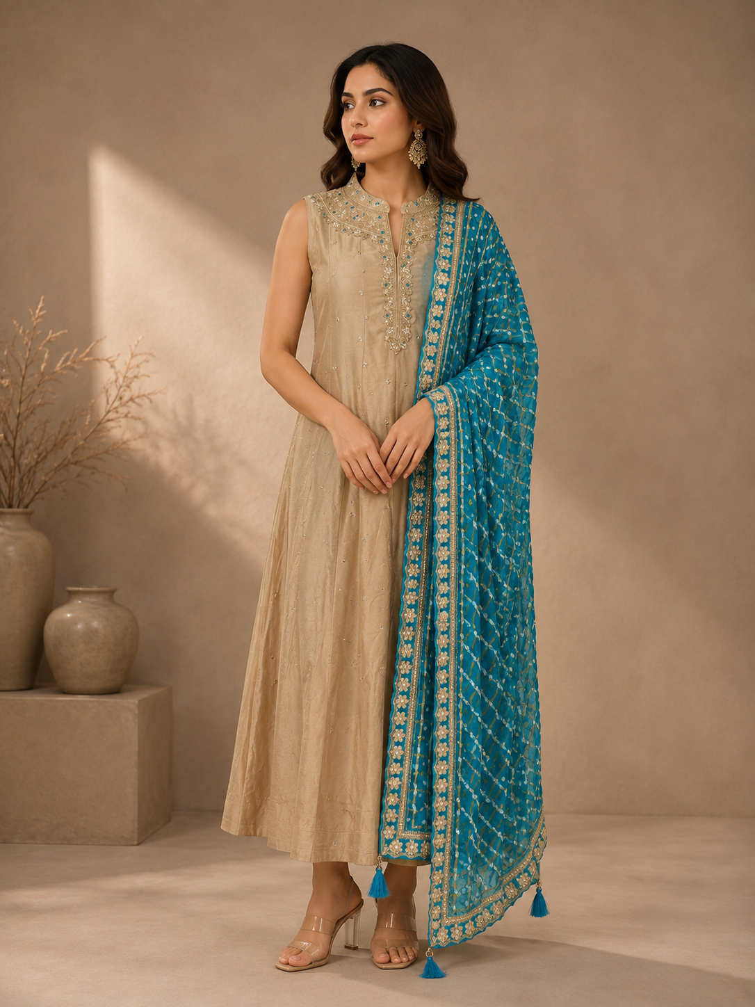 Elegant Beige Vichitra Silk Anarkali Suit Set with Blue Embroidered Dupatta