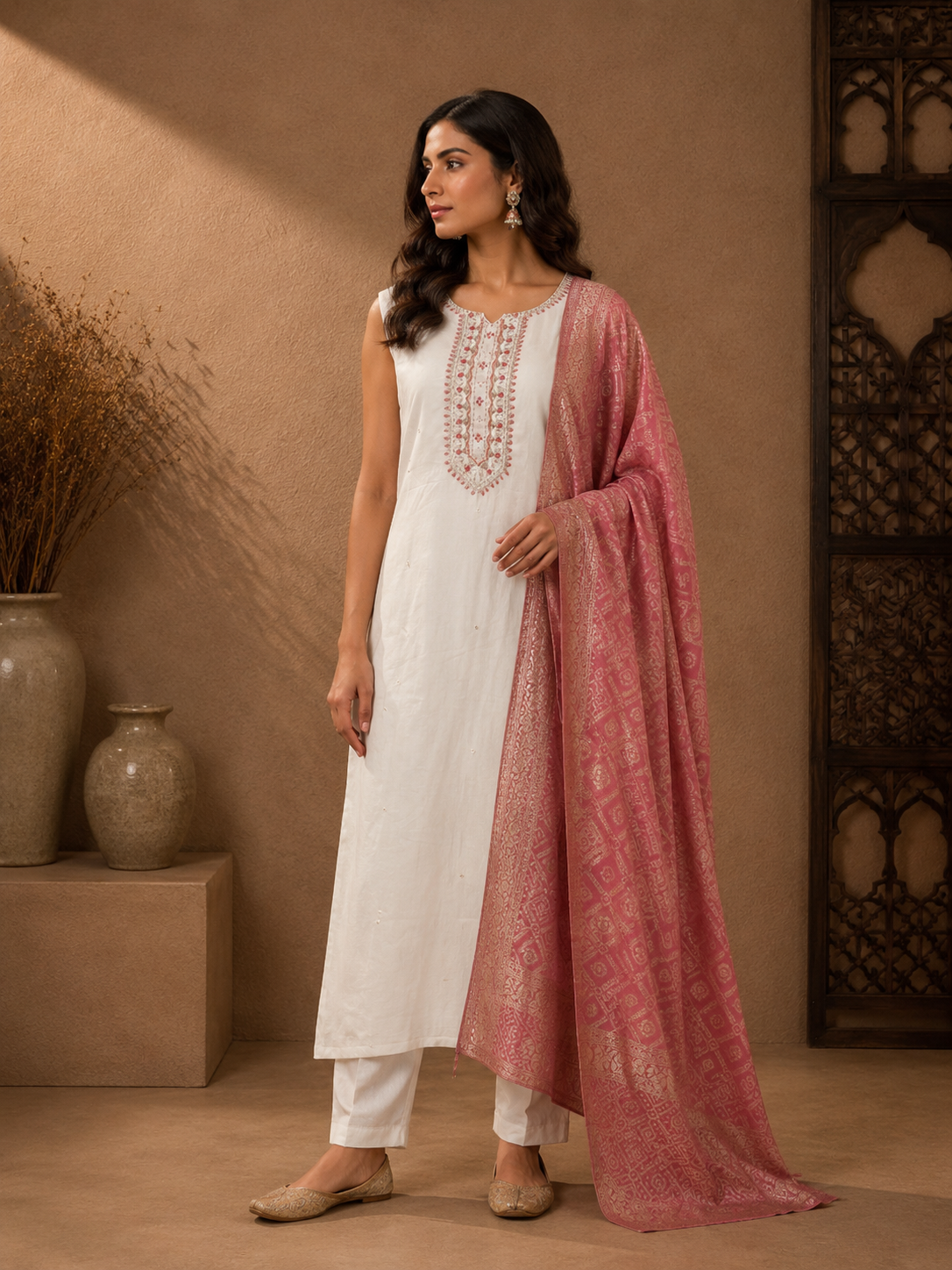 Ivory White Vichitra Silk Kurta Set with Pink Woven Dupatta