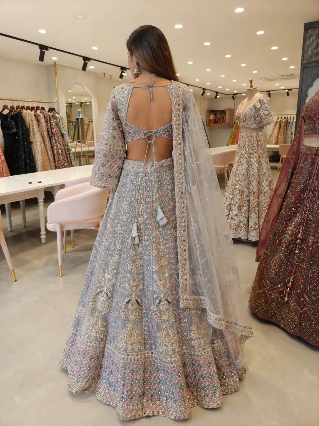 Pastel Grey Net Embroidered Lehenga Set