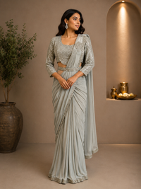 Grey Lycra Designer Saree with Heavy Embellished Blouse