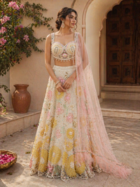 Pastel Floral Silk Lehenga Set with Embellished Blouse & Net Dupatta | Designer Bridal Wear