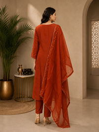 Women's Rust Mul Chanderi Embroidered Kurta Pant Set with Dupatta