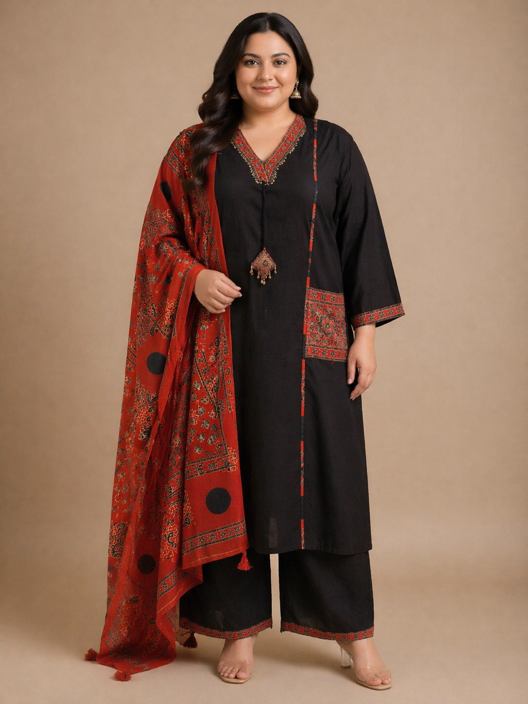 Black & Red Printed Cotton Kurta Set with Dupatta (Plus Size Friendly)