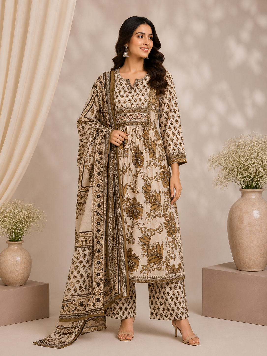 Beige & Brown Printed Cotton Kurta Set with Dupatta
