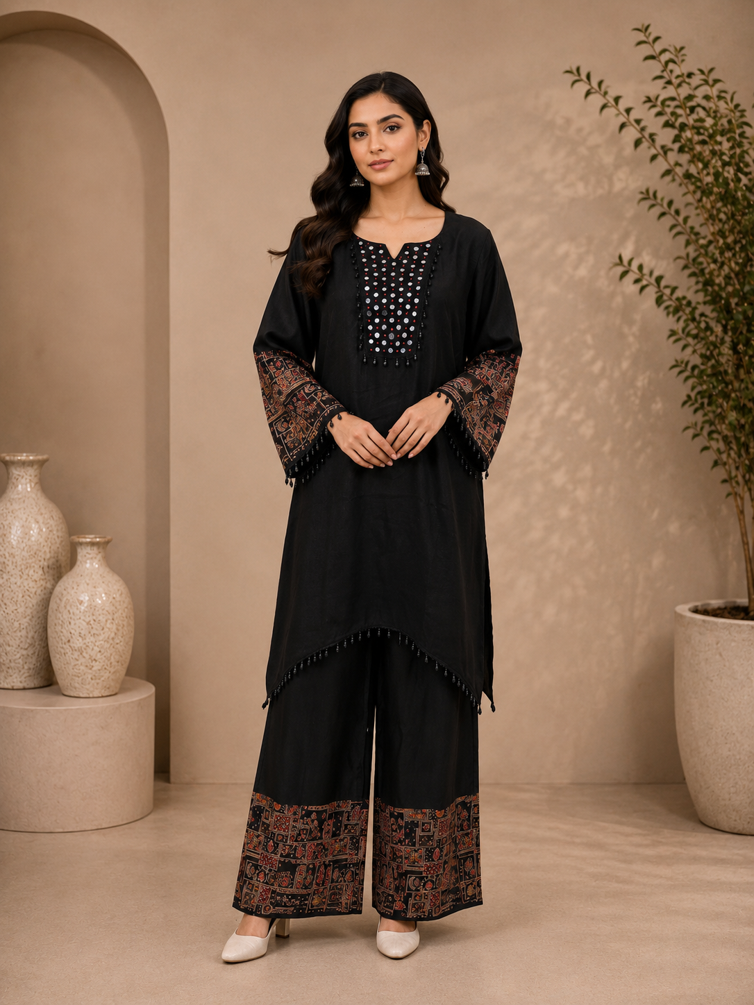 Women's Black Rayon Kurta Palazzo Set with Mirror Work & Ethnic Print