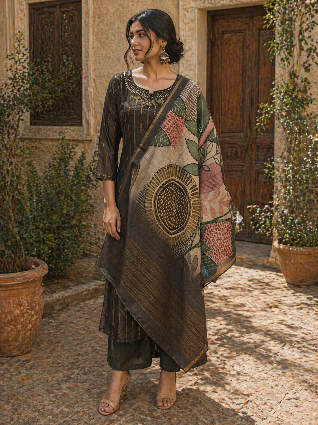 Dark Earth Tone Chanderi Silk Kurta Set with Artistic Printed Dupatta | Elegant Ethnic Wear