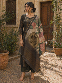 Dark Earth Tone Chanderi Silk Kurta Set with Artistic Printed Dupatta | Elegant Ethnic Wear