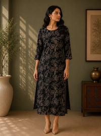 Black Muslin Silk Floral Printed A-Line Dress for Women