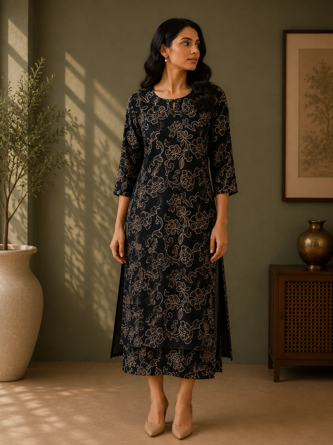 Black Muslin Silk Floral Printed A-Line Dress for Women