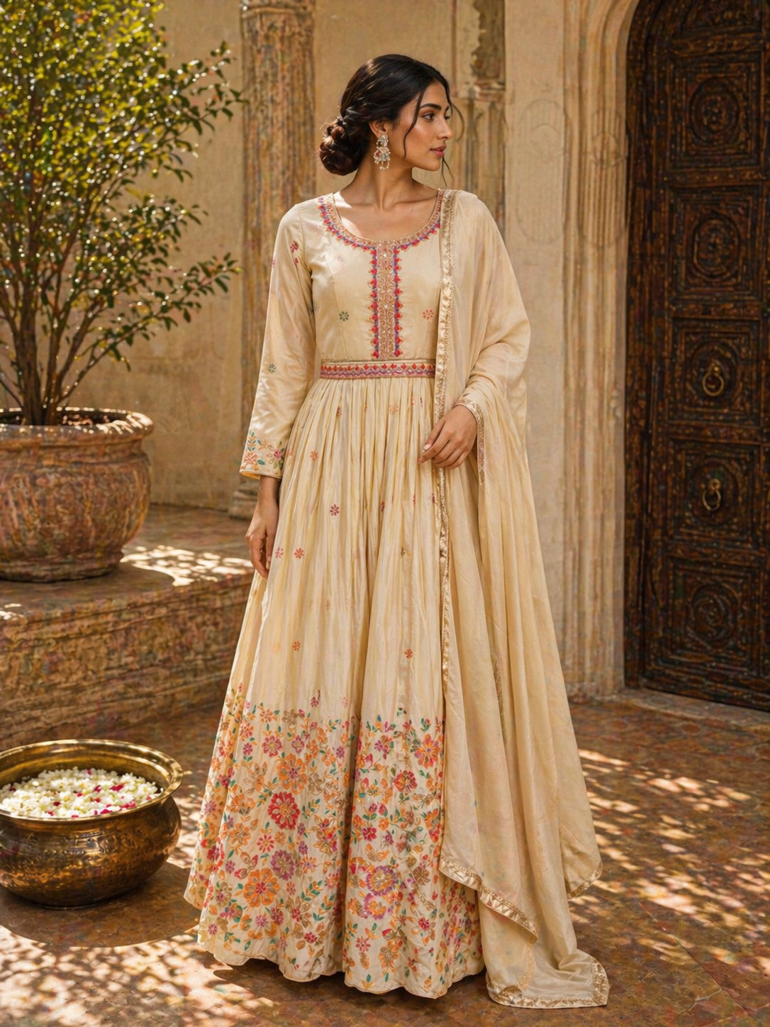 Ivory Silk Anarkali Gown with Floral Embroidery & Dupatta | Festive & Wedding Wear