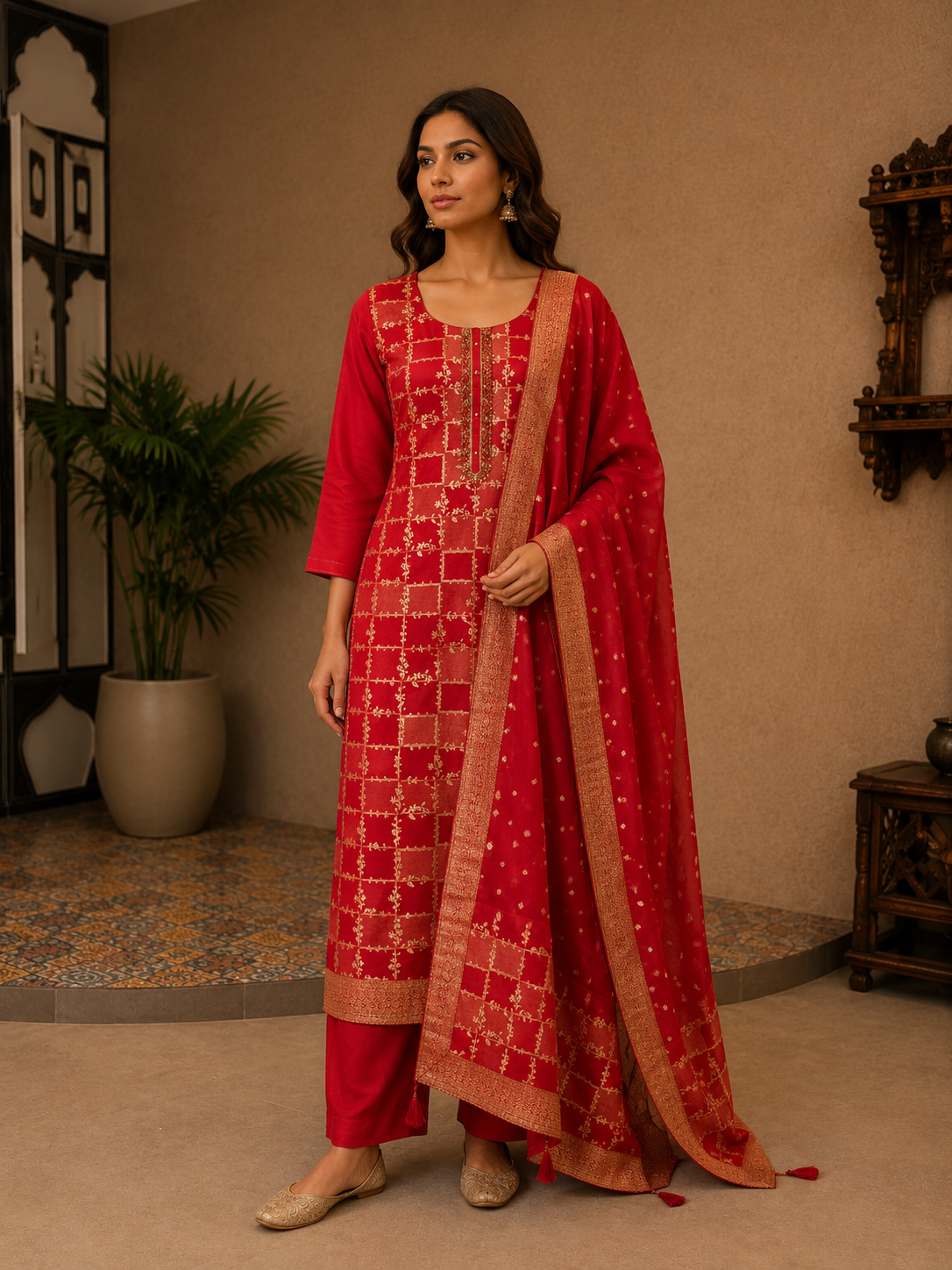 Crimson Red Banarasi Silk Embroidered Kurta Set with Matching Dupatta