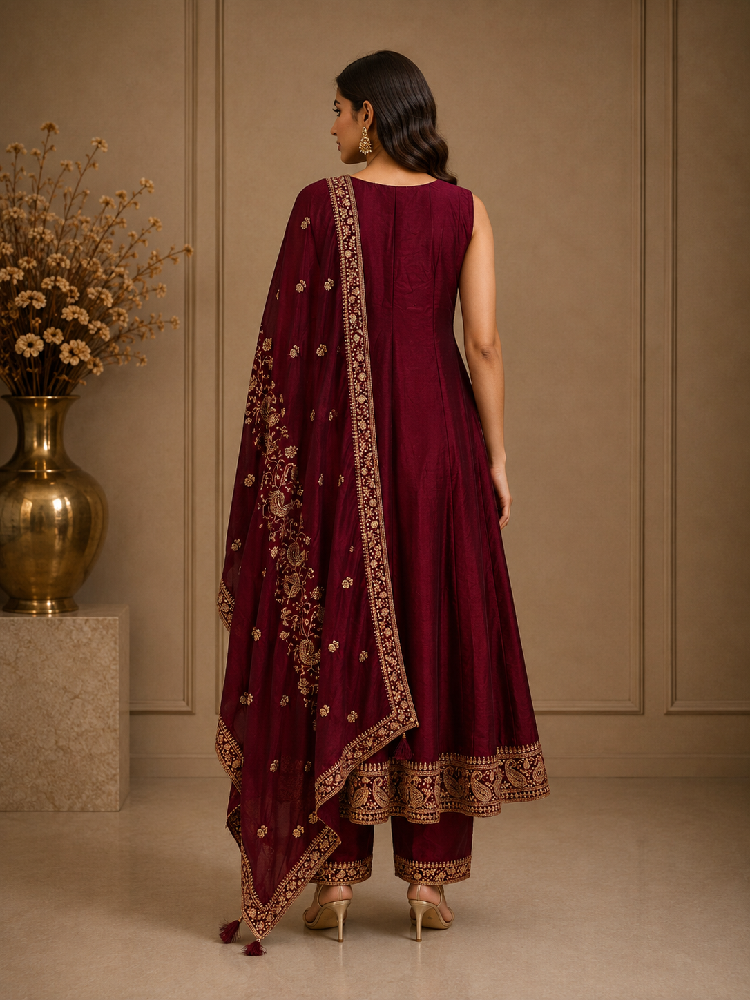 Wine Vichitra Silk Embroidered Anarkali Suit Set with Dupatta