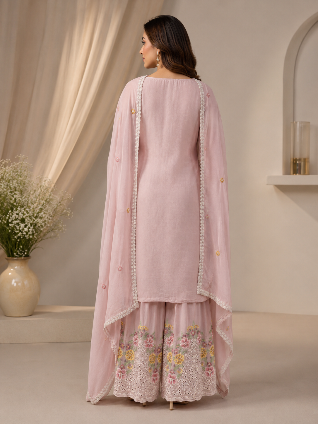 Light PInk Floral Embroidered Silk Kurta Sharara Set with Dupatta for Women