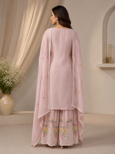 Light PInk Floral Embroidered Silk Kurta Sharara Set with Dupatta for Women