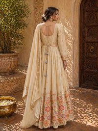 Ivory Silk Anarkali Gown with Floral Embroidery & Dupatta | Festive & Wedding Wear