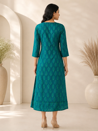 Emerald Green Muslin Silk Printed A-Line Dress for Women