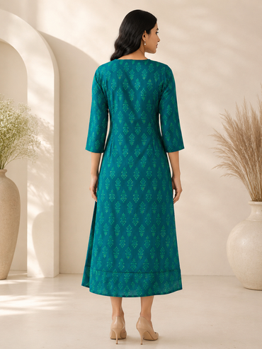 Emerald Green Muslin Silk Printed A-Line Dress for Women