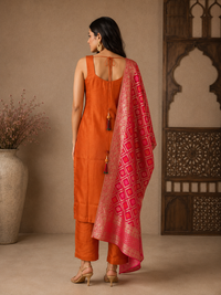 Elegant Orange Silk Straight Suit Set with Pink Banarasi Dupatta